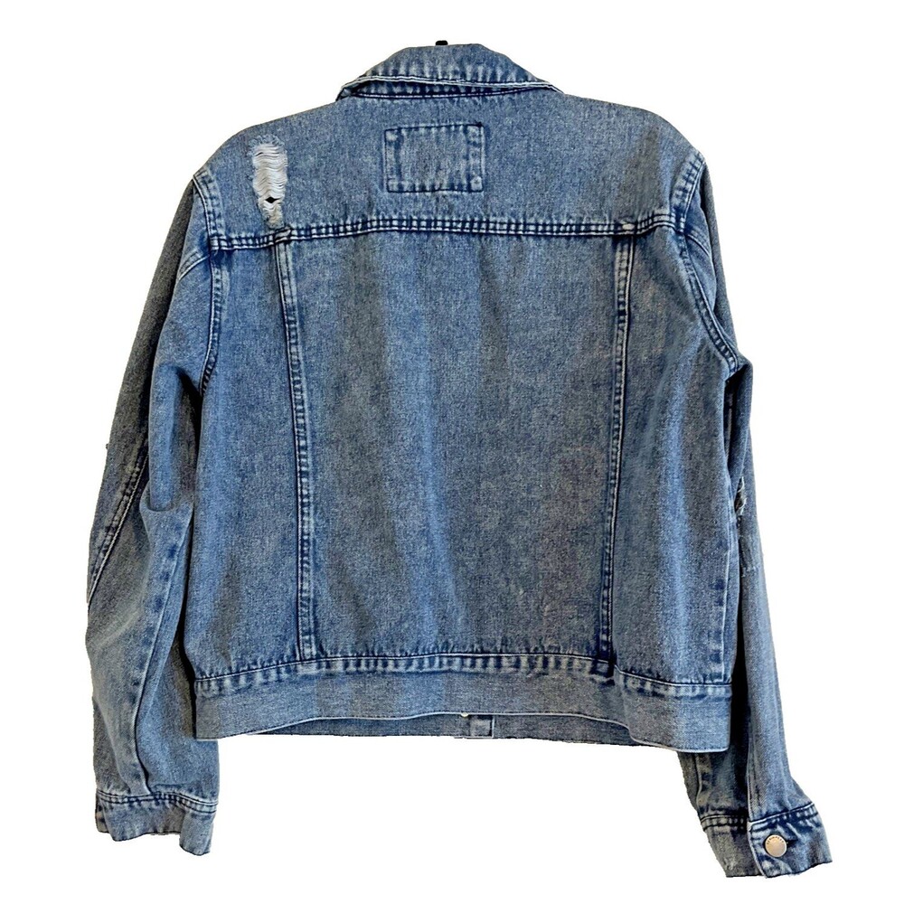 Women’s 1X Denim Jacket Blue Jean Distressed Button Pockets Vintage Charm Staple - Picture 2 of 13